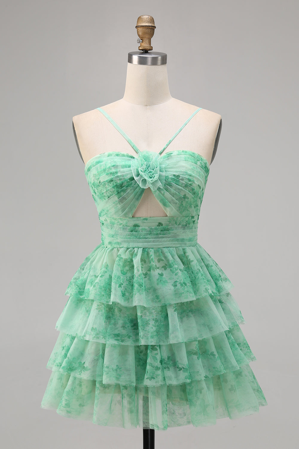 A Line Green Short Spaghetti Straps Tiered Homecoming Dress with Ruffles