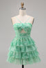 Load image into Gallery viewer, A Line Short White Blue Flower Tiered Homecoming Dress with Ruffles