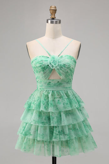A Line Short White Blue Flower Tiered Homecoming Dress with Ruffles