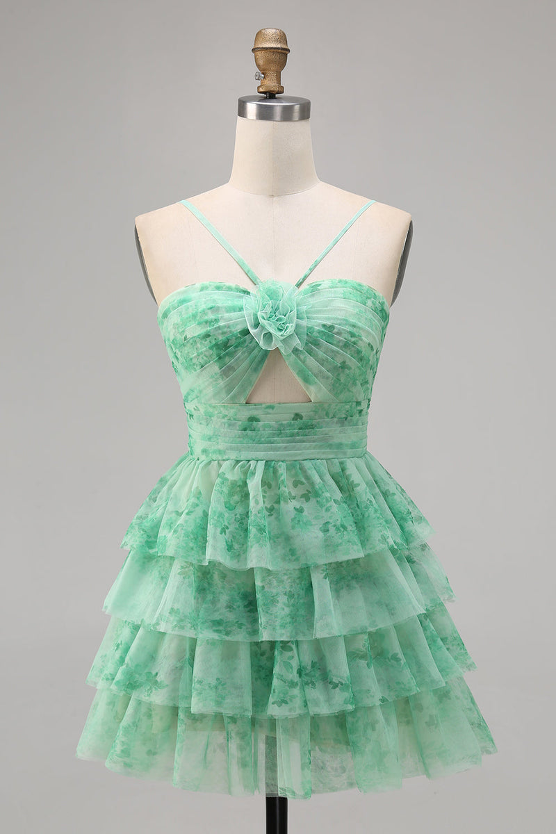 Load image into Gallery viewer, A Line Short White Blue Flower Tiered Homecoming Dress with Ruffles