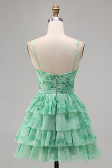 A Line Green Short Spaghetti Straps Tiered Homecoming Dress with Ruffles