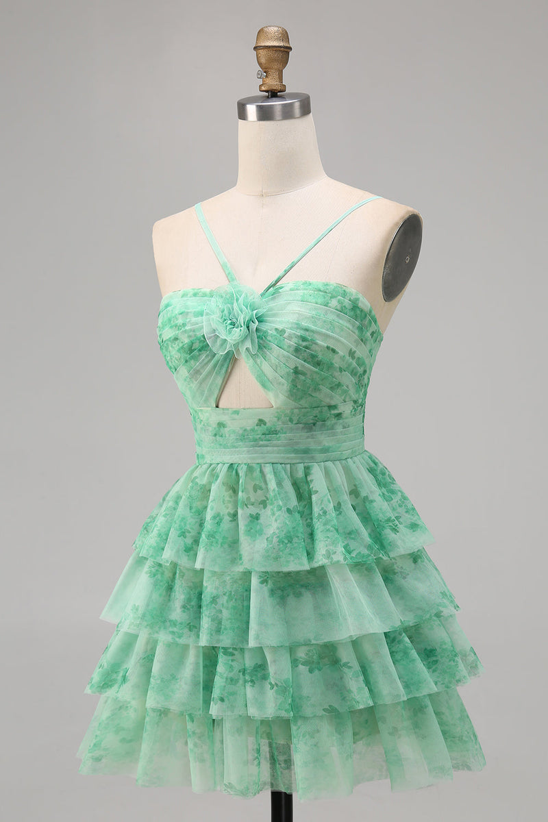 Load image into Gallery viewer, A Line Short White Blue Flower Tiered Homecoming Dress with Ruffles