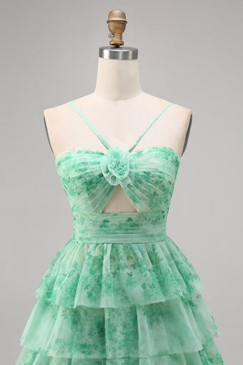 A Line Short White Blue Flower Tiered Homecoming Dress with Ruffles