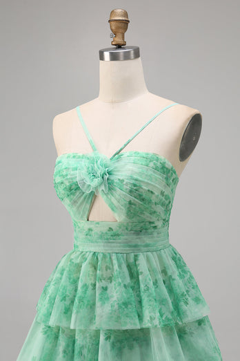 A Line Short White Blue Flower Tiered Homecoming Dress with Ruffles
