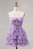 Load image into Gallery viewer, A Line Short White Blue Flower Tiered Homecoming Dress with Ruffles