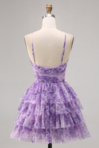 A Line Short White Blue Flower Tiered Homecoming Dress with Ruffles