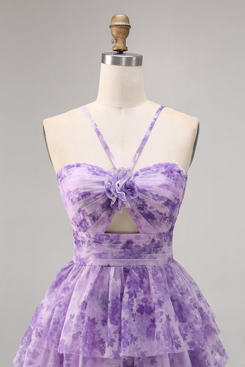 A Line Short White Blue Flower Tiered Homecoming Dress with Ruffles