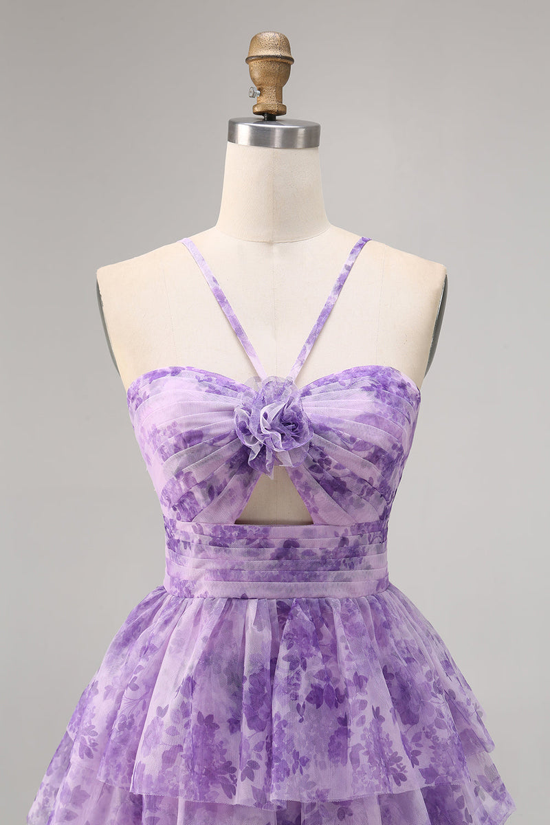 Load image into Gallery viewer, A Line Short White Blue Flower Tiered Homecoming Dress with Ruffles