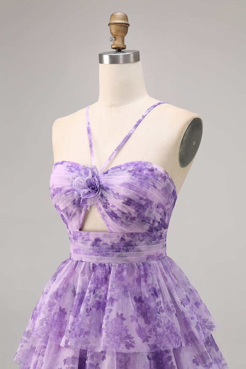 Load image into Gallery viewer, A Line Short White Blue Flower Tiered Homecoming Dress with Ruffles