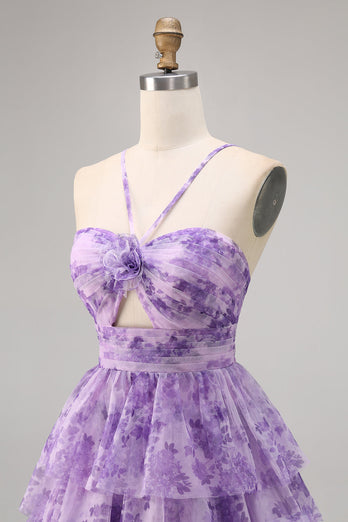 Purple Spaghetti Straps Short A Line Keyhole Homecoming Dress with Ruffles