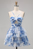 Load image into Gallery viewer, A Line Short White Blue Flower Tiered Homecoming Dress with Ruffles