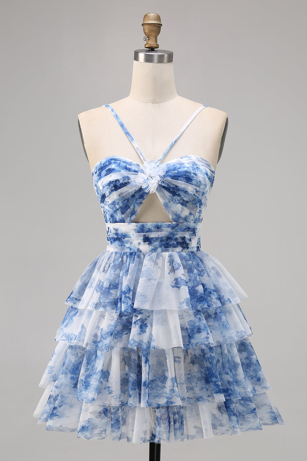 A Line Short White Blue Flower Tiered Homecoming Dress with Ruffles