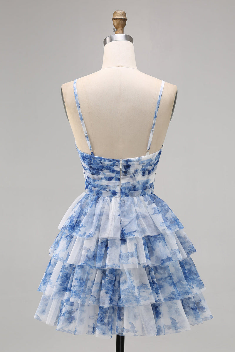 Load image into Gallery viewer, A Line Short White Blue Flower Tiered Homecoming Dress with Ruffles
