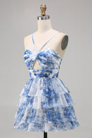 Load image into Gallery viewer, A Line Short White Blue Flower Tiered Homecoming Dress with Ruffles