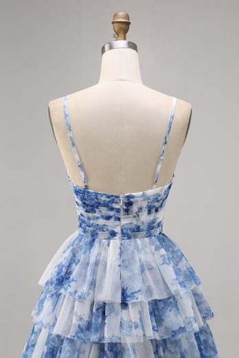 A Line Short White Blue Flower Tiered Homecoming Dress with Ruffles