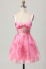 Load image into Gallery viewer, Floral Pink Ruffled Short Corset Homecoming Dress A Line Spaghetti Straps Ruched Backless Cocktail Dress