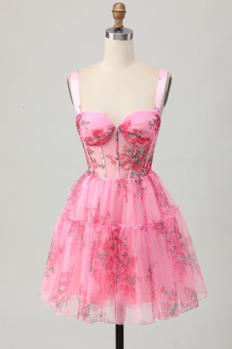 Floral Pink Ruffled Short Corset Homecoming Dress A Line Spaghetti Straps Ruched Backless Cocktail Dress