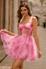 Load image into Gallery viewer, Floral Pink A Line Spaghetti Straps Short Corset Homecoming Dress with Ruffles
