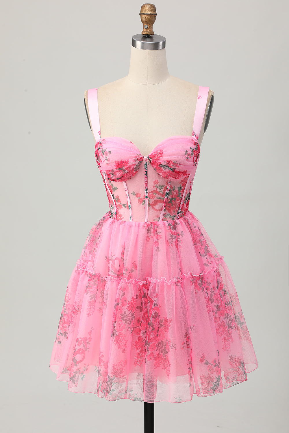 Floral Pink Ruffled Short Corset Homecoming Dress A Line Spaghetti Straps Ruched Backless Cocktail Dress