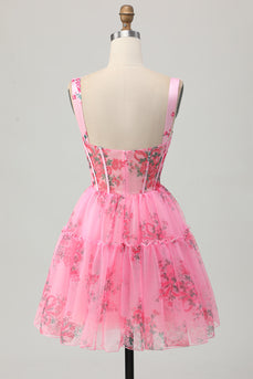 Floral Pink A Line Spaghetti Straps Short Corset Homecoming Dress with Ruffles