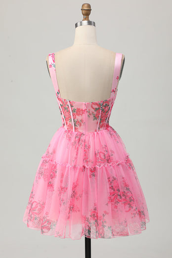 Floral Pink A Line Spaghetti Straps Short Corset Homecoming Dress with Ruffles