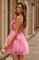 Load image into Gallery viewer, Floral Pink A Line Spaghetti Straps Short Corset Homecoming Dress with Ruffles