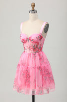Load image into Gallery viewer, Floral Pink A Line Spaghetti Straps Short Corset Homecoming Dress with Ruffles