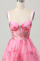 Load image into Gallery viewer, Floral Pink A Line Spaghetti Straps Short Corset Homecoming Dress with Ruffles