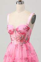 Load image into Gallery viewer, Floral Pink A Line Spaghetti Straps Short Corset Homecoming Dress with Ruffles