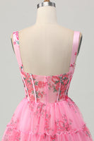 Load image into Gallery viewer, Floral Pink A Line Spaghetti Straps Short Corset Homecoming Dress with Ruffles