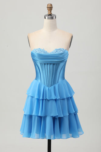 Blue Sweetheart Corset Ruched Short Homecoming Dress with Appliques