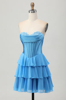 Blue Sweetheart Corset Ruched Short Homecoming Dress with Appliques