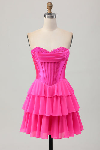Fuchsia Sweetheart Corset Ruched Short Homecoming Dress with Appliques