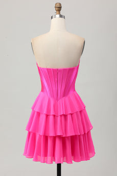 Fuchsia Sweetheart Corset Ruched Short Homecoming Dress with Appliques