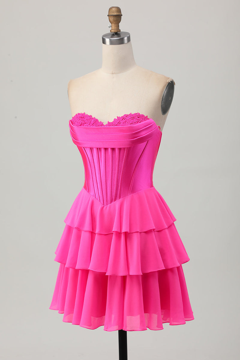 Load image into Gallery viewer, Fuchsia Sweetheart Corset Ruched Short Homecoming Dress with Appliques