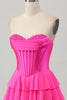 Load image into Gallery viewer, Fuchsia Sweetheart Corset Ruched Short Homecoming Dress with Appliques