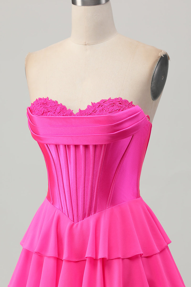 Load image into Gallery viewer, Fuchsia Sweetheart Corset Ruched Short Homecoming Dress with Appliques