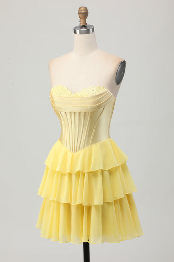Fuchsia Sweetheart Corset Ruched Short Homecoming Dress with Appliques