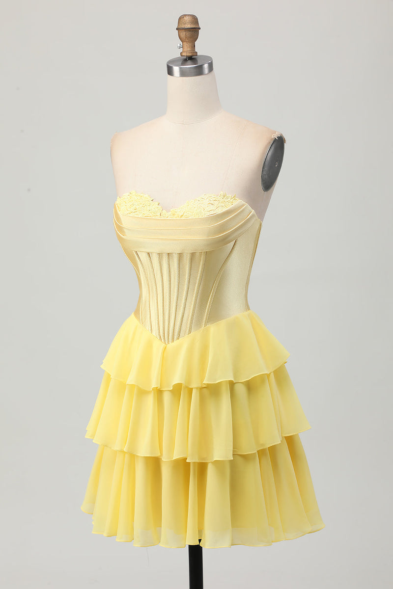 Load image into Gallery viewer, Fuchsia Sweetheart Corset Ruched Short Homecoming Dress with Appliques