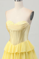 Load image into Gallery viewer, Yellow Ruched Sweetheart Corset Short Homecoming Dress with Appliques
