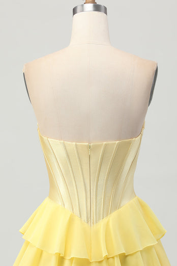 Yellow Ruched Sweetheart Corset Short Homecoming Dress with Appliques