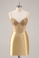 Load image into Gallery viewer, Sparkly Golden Corset Satin Rhinestones Tight Short Homecoming Dress