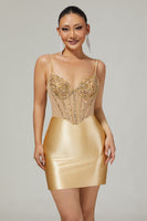 Load image into Gallery viewer, Sparkly Golden Corset Satin Rhinestones Tight Short Homecoming Dress