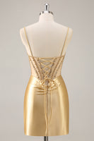 Load image into Gallery viewer, Sparkly Golden Corset Satin Rhinestones Tight Short Homecoming Dress