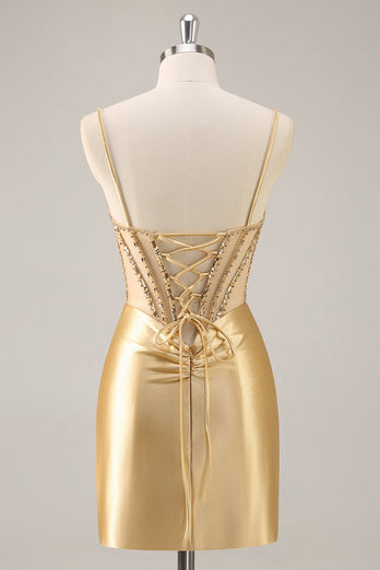 Sparkly Golden Corset Satin Rhinestones Tight Short Homecoming Dress