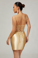 Load image into Gallery viewer, Sparkly Golden Corset Satin Rhinestones Tight Short Homecoming Dress