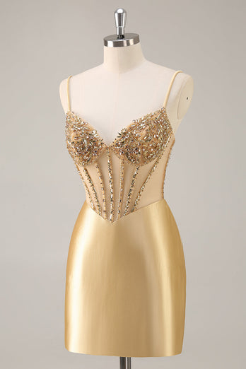 Sparkly Golden Corset Satin Rhinestones Tight Short Homecoming Dress