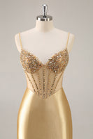 Load image into Gallery viewer, Sparkly Golden Corset Satin Rhinestones Tight Short Homecoming Dress