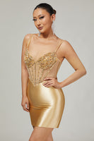 Load image into Gallery viewer, Sparkly Golden Corset Satin Rhinestones Tight Short Homecoming Dress