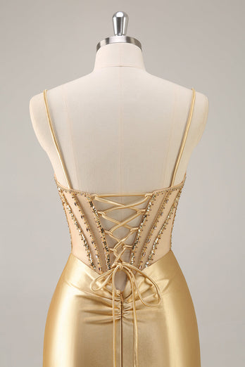 Sparkly Golden Corset Satin Rhinestones Tight Short Homecoming Dress